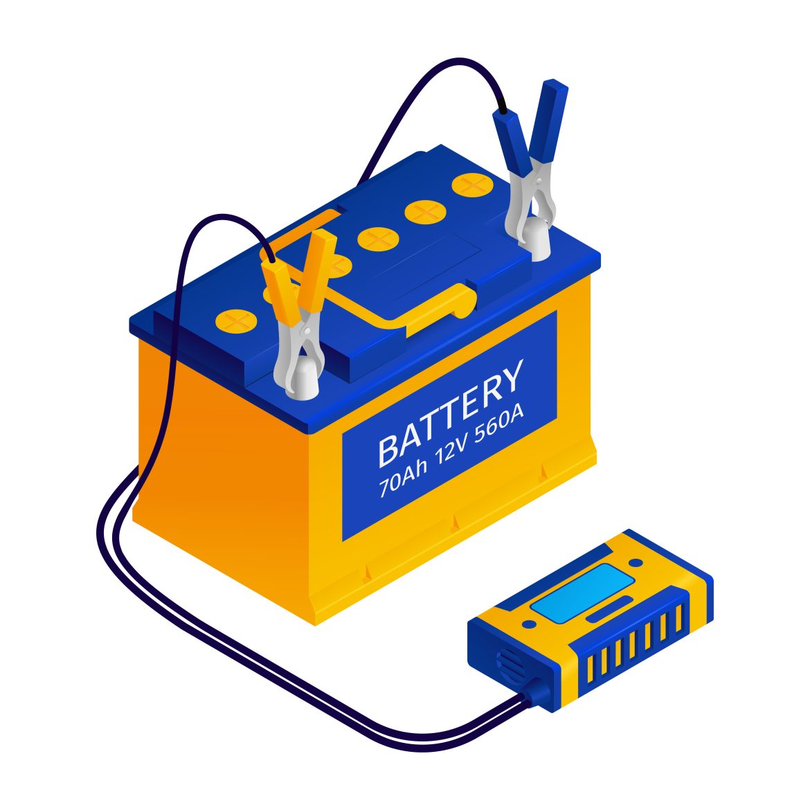 Illustration of a 12V 70Ah car battery with tester and cables β suitable for automotive use in Argentina