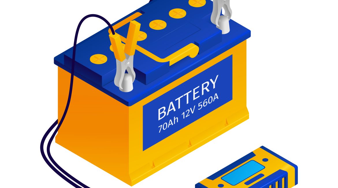 Car battery testing setup with jumper cables and voltmeter for 12V battery