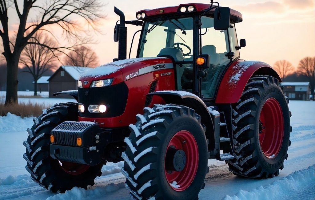 Tractor in snowy conditions showcasing seasonal tire care for agriculture vehicles in winter