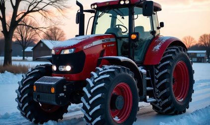Tractor in snowy conditions showcasing seasonal tire care for agriculture vehicles in winter