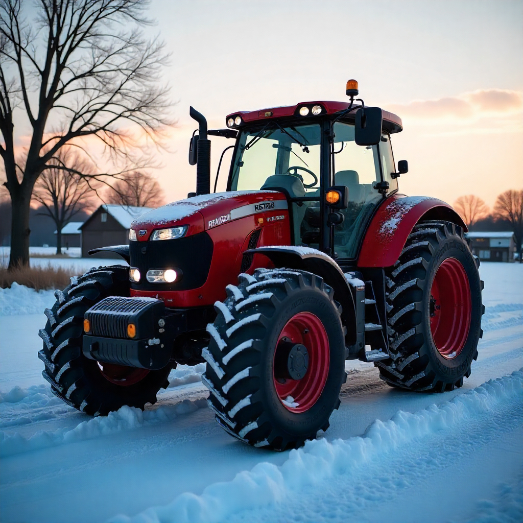 Tractor in snowy conditions showcasing seasonal tire care for agriculture vehicles in winter