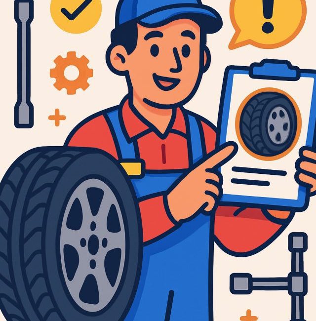Illustration of a mechanic explaining TBR vs. radial tire differences—poster for tire myth-busting web story.