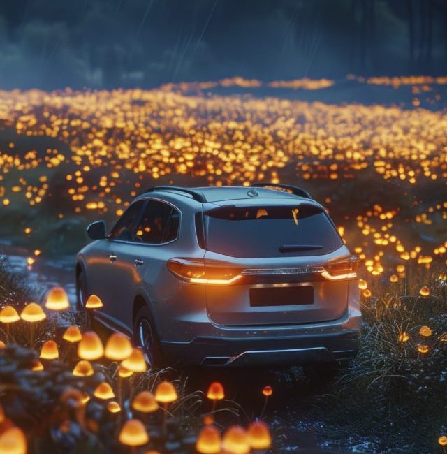 A car driving through a glowing field
